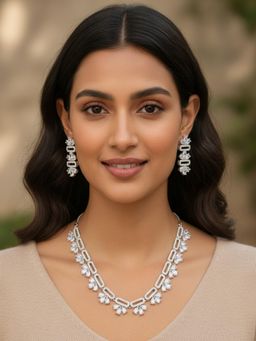 JEWELZ - White Sparkling Ad Floral Lace Necklace and Earring Set