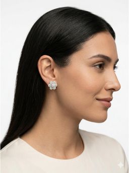 Adwitiya - White Rhodium-Plated Classic Diamond-Cluster Floral Studs