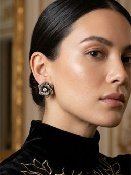 Adwitiya - White Antique Gold Handcrafted 3D Rose Statement Studs