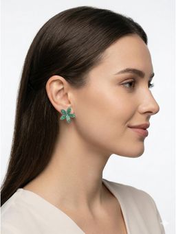 Adwitiya - Rhodium-Plated Green Emerald Floral Studs