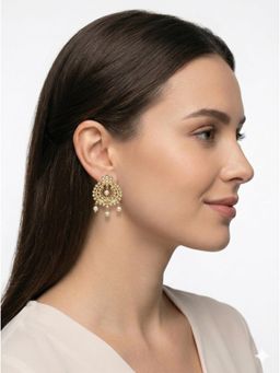 Adwitiya - White Antique Gold Floral Crescent Earrings with Pearl Clusters