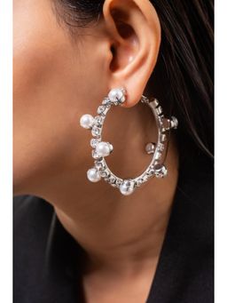 MINJI AND CO. - White Silver Plated Hoop Cz Pearl Earrings Designer Anti Tarnish
