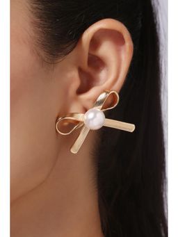 MINJI AND CO. - White Gold Plated Bow Design Pearl Drop Earrings Feminine Statement Style