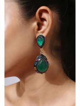 MINJI AND CO. - Green Gold Plated Black Enamel Multi Cz Long Drop Earrings Bold Designer Statement