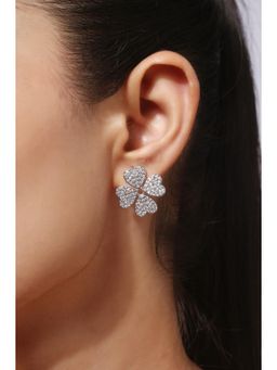 MINJI AND CO. - White Silver Plated Floral Cz Stone Earrings Anti Tarnish Flower Design Push Back
