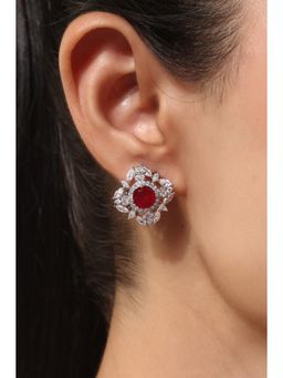 MINJI AND CO. - Silver Plated Red White Cz Stone Earrings Anti Tarnish Elegant Design Push Back