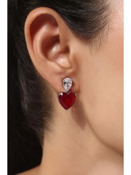 MINJI AND CO. - Silver Plated White Cz Red Heart Stud Earrings Cute Romantic Design