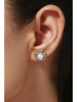 MINJI AND CO. - Silver Plated White Cz and Pearl Stud Earrings Elegant Fusion Design
