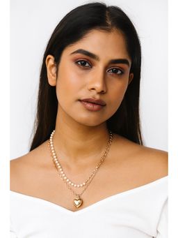 JEWELZ - Multi-Color Layered Pearl Necklace with Gold Heart Pendant (Pack of 2)