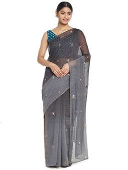 Fabindia - Grey Embellished Cotton Silk Sari