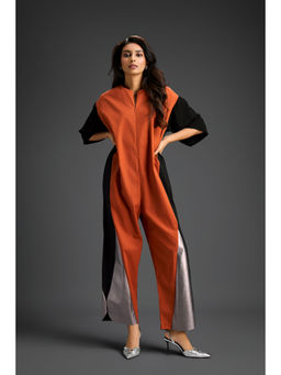 Deepika Arora - Rust Colorblock Metallic Panels with Relaxed Fit Jumpsuit