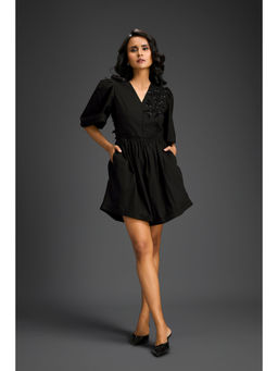 Deepika Arora - Black V-Neck Flared Hem with Floral & Glossy Leaf Embellished Playsuit