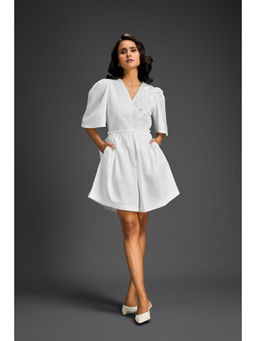 Deepika Arora - White V-Neck Flared Hem with Floral & Glossy Leaf Embellished Playsuit