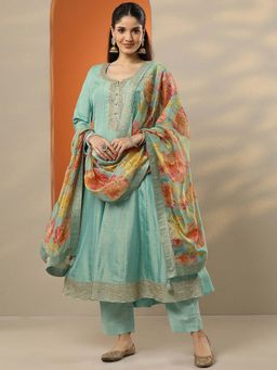 Libas Art - Blue Zari Embellished Anarkali Kurta with Pant with Dupatta