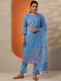 Libas - Blue Floral Embroidered Kurta with Pant and Dupatta