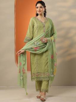 Libas - Green Floral Embroidered Kurta with Pant and Dupatta