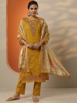Libas - Mustard Floral Embroidered Kurta with Pant and Dupatta