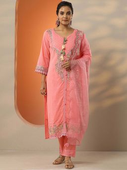 Libas - Pink Floral Embroidered Kurta with Pant and Dupatta