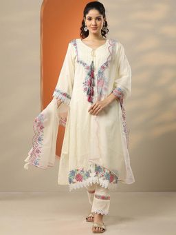 Libas - Off White Floral Embroidered Kurta with Pant and Dupatta
