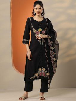 Libas - Black Floral Embroidered Kurta with Pant and Dupatta