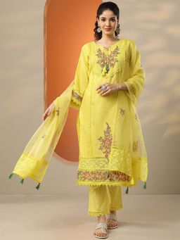 Libas - Yellow Floral Embroidered Kurta with Pant and Dupatta