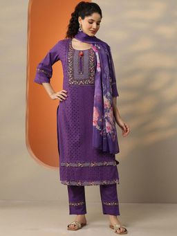 Libas - Purple Floral Schiffli Straight Kurta with Pant and Dupatta