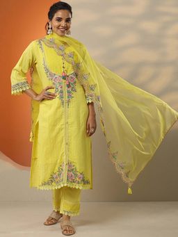 Libas - Yellow Floral Embroidered Kurta with Pant with Dupatta