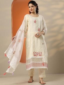 Libas - Off White Floral Embroidered Kurta with Pant and Dupatta