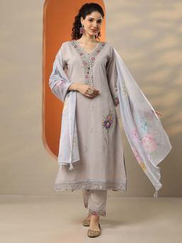 Libas - Grey Floral Embroidered A-Line Kurta with Pant and Dupatta