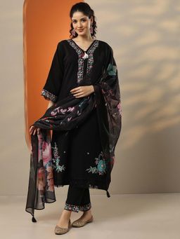 Libas - Black Floral Embroidered A-Line Kurta with Pant and Dupatta