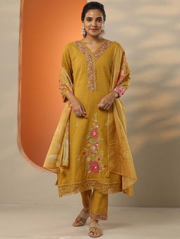Libas - Mustard Floral Embroidered A-Line Kurta with Pant and Dupatta