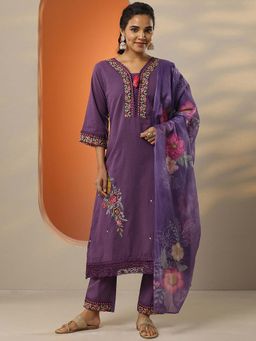 Libas - Purple Floral Embroidered A-Line Kurta with Pant and Dupatta