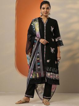 Libas - Black Floral Embroidered Kurta with Pant and Dupatta