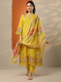 Libas - Yellow Floral Embroidered Kurta with Pant and Dupatta