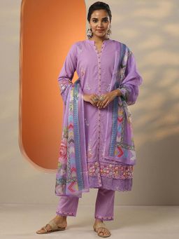 Libas - Lavender Floral Embroidered Kurta with Pant and Dupatta