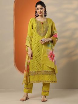 Libas - Lime Yellow Floral Schiffli Kurta with Pant and Dupatta