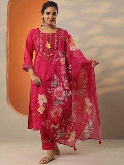Libas - Pink Floral Schiffli Kurta with Pant and Dupatta