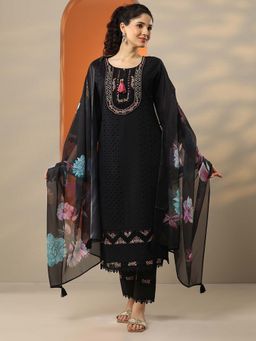 Libas - Black Floral Schiffli Kurta with Pant and Dupatta