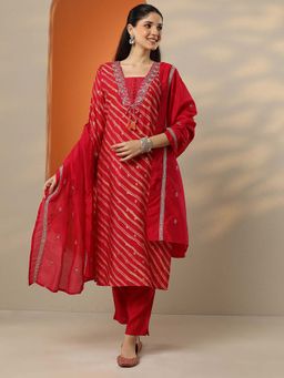Libas - Red Leheriya Printed Straight Kurta with Pant and Dupatta