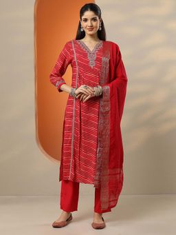 Libas - Red Leheriya Printed Kurta with Pant and Dupatta