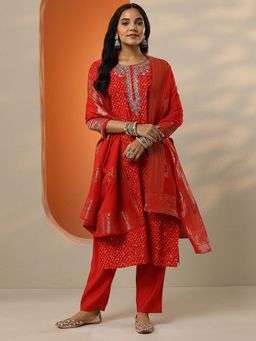 Libas - Red Leheriya Printed Straight Kurta with Pant and Dupatta