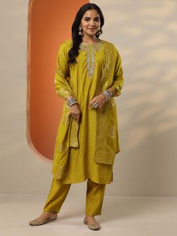 Libas - Yellow Leheriya Printed Straight Kurta with Pant and Dupatta