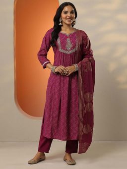 Libas - Purple Leheriya Printed A-Line Kurta with Pant and Dupatta