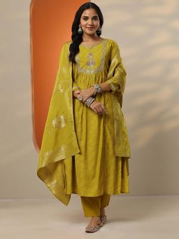 Libas - Green Leheriya Printed A-Line Kurta with Pant and Dupatta