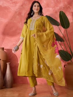 Stylum - Mustard Embroidered Silk A-Line Kurta with Pant and Dupatta