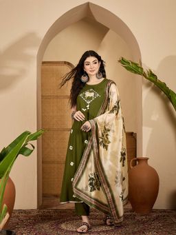 Stylum - Olive Bandhej and Embroidered A-Line Kurta with Pant and Dupatta