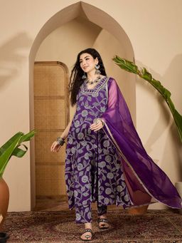 Stylum - Purple Bandhej Printed Embroidered Kurta with Pant and Dupatta
