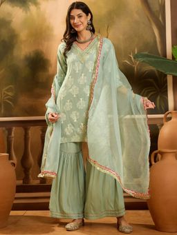 Stylum - Pista Green Printed Rayon Straight Kurta with Sharara and Dupatta