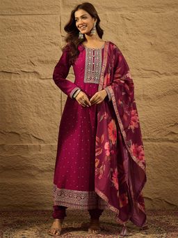 Vaamsi - Kalini Maroon Embroidered Anarkali Kurta with Churidar and with Dupatta