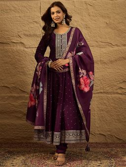Vaamsi - Kalini Purple Embroidered Anarkali Kurta with Churidar and with Dupatta